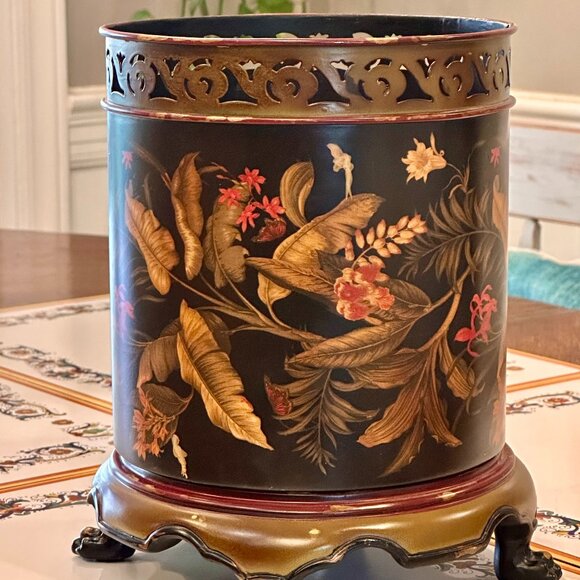 chinoiserie-style wastepaper basket or planter made of hand-painted metal